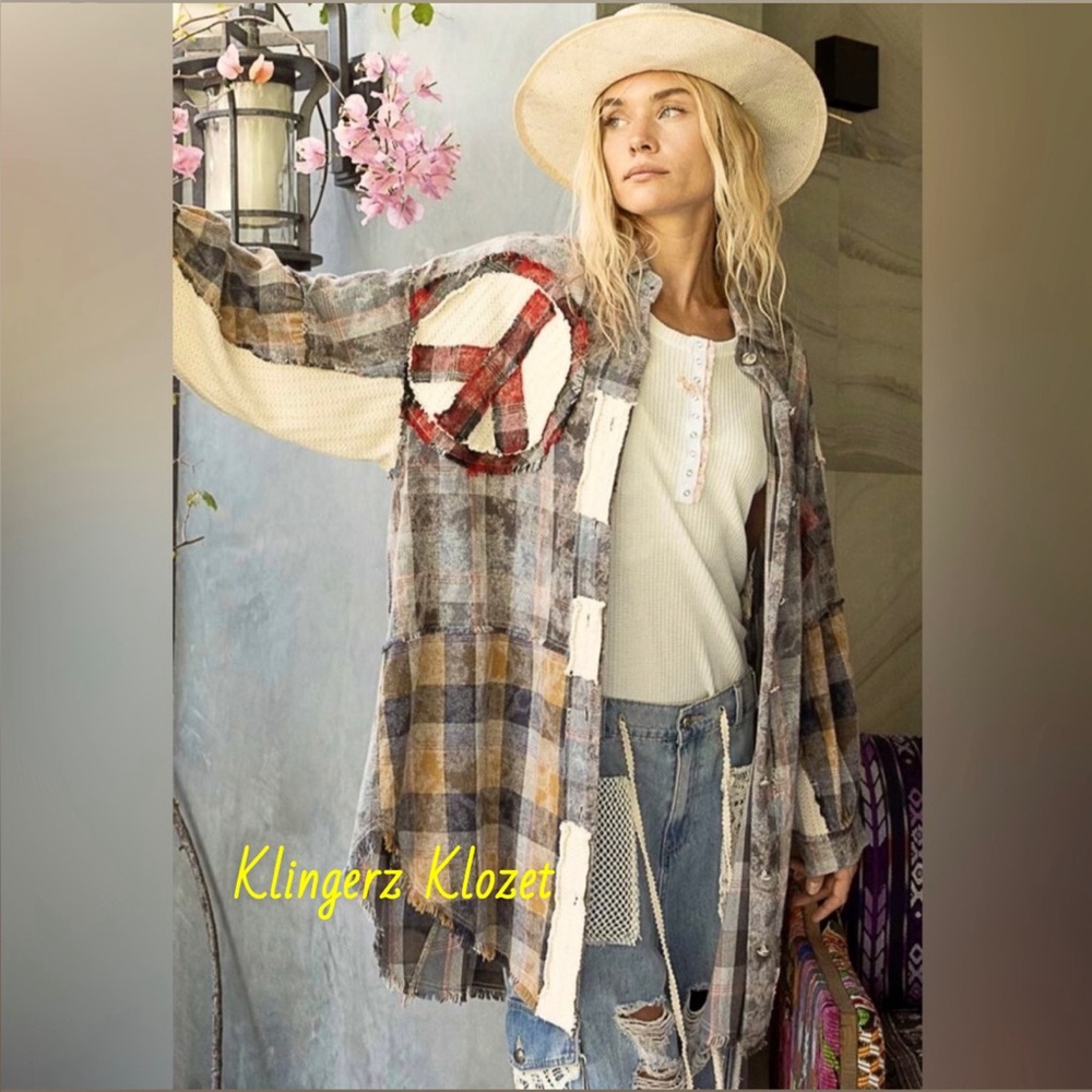 Boho Plaid Patchwork Long Shirt with Peace Sign nwot